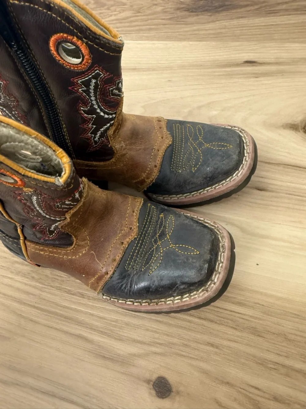 El General Brown & Black Kids Western Pull-On Boots with Orange Accents